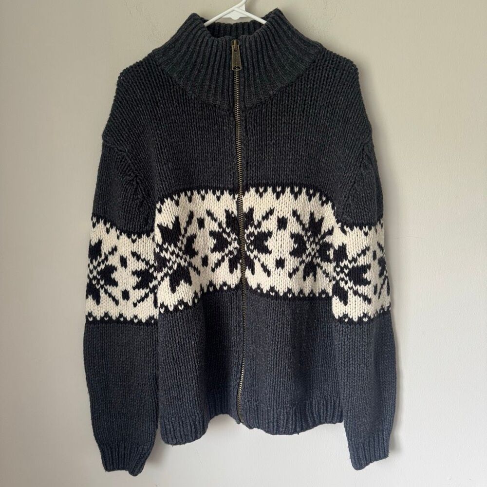 Gap Y2K Hand-Knit Wool Nordic Snowflake Design Full Zip Sweater Size XL